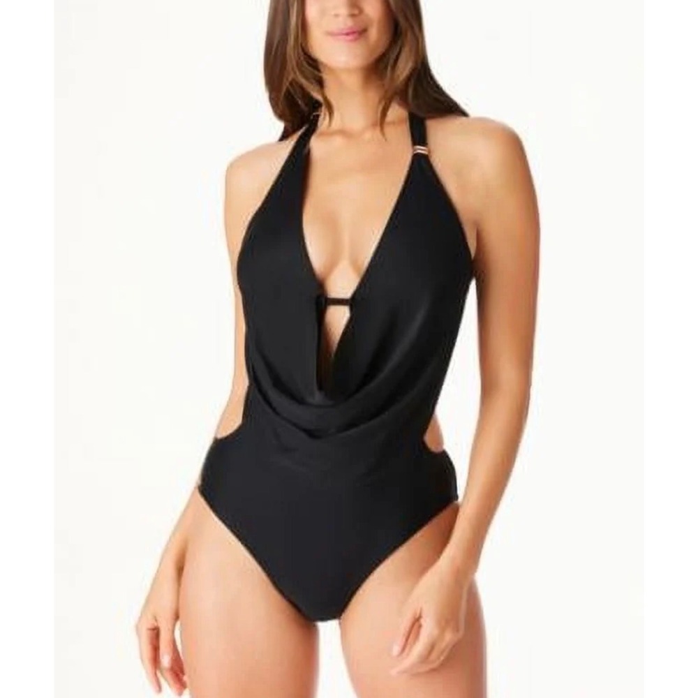 Bar III Womens Black Cowl Neck Halter One Piece Swimsuit Monokini Cutout Ruched